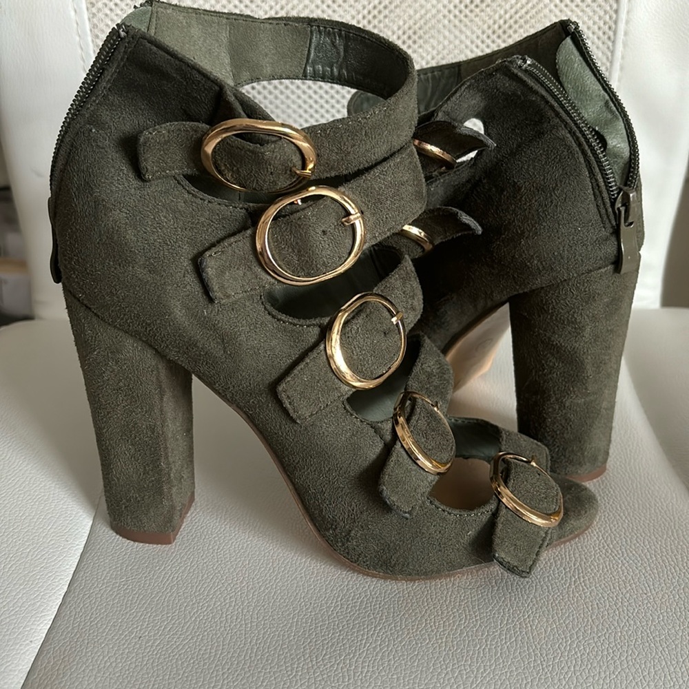 Olive green buckle heels
